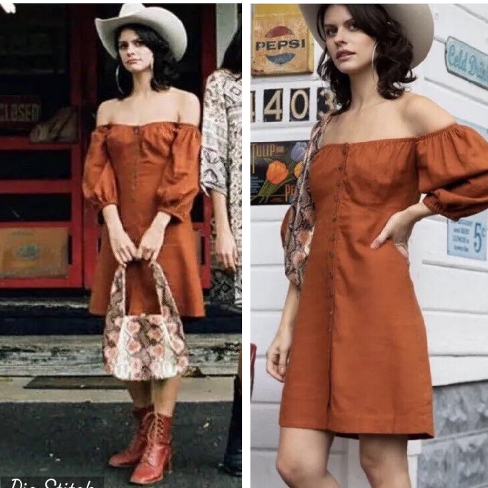 Spell Rust Orange Off-Shoulder Button Front Dress